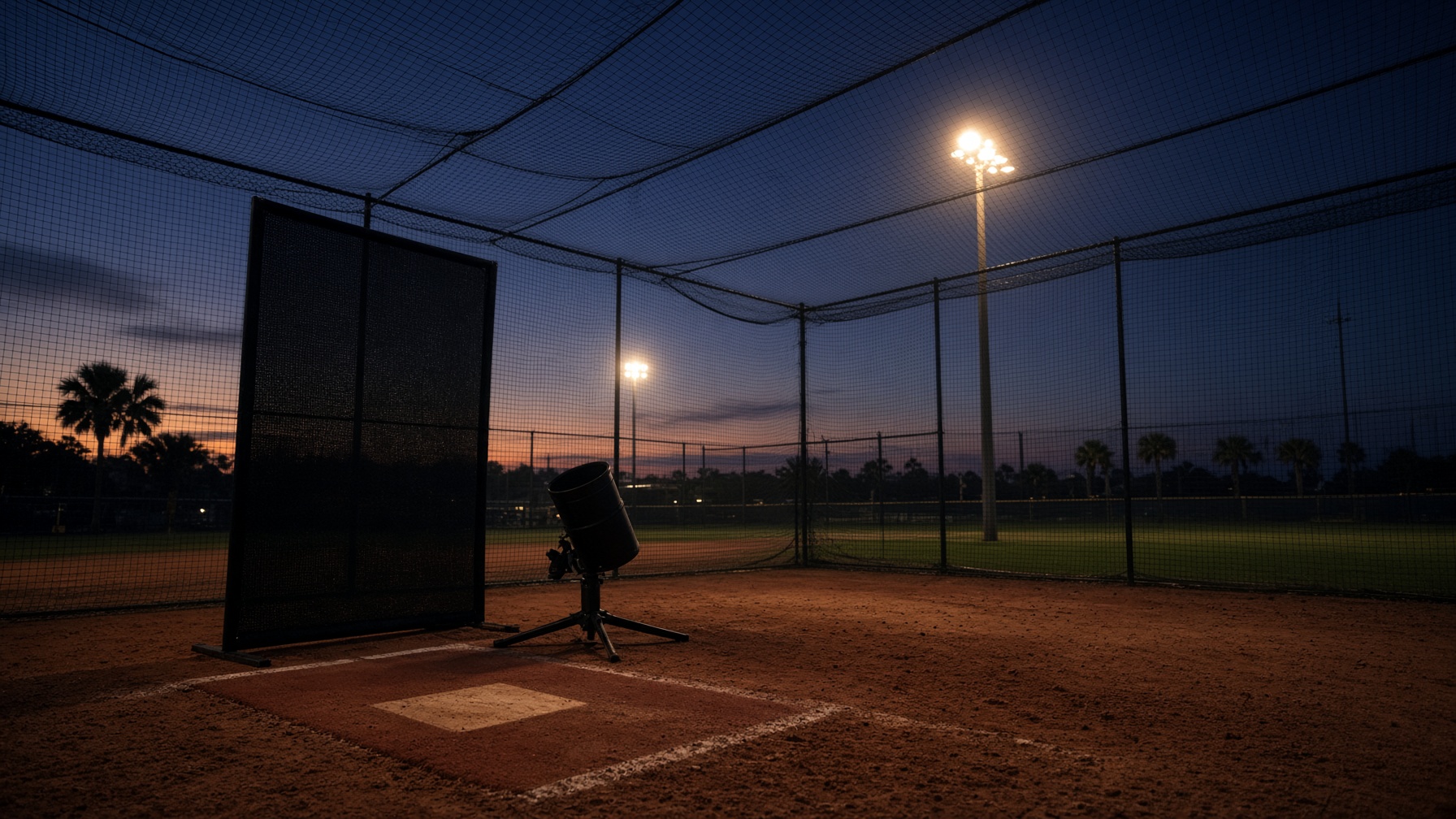 Outdoor batting cage under floodlights at a Florida training field
