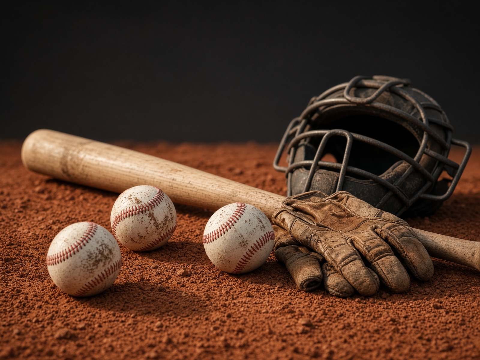 Baseballs, a wood bat, and a catcher's mask on red clay